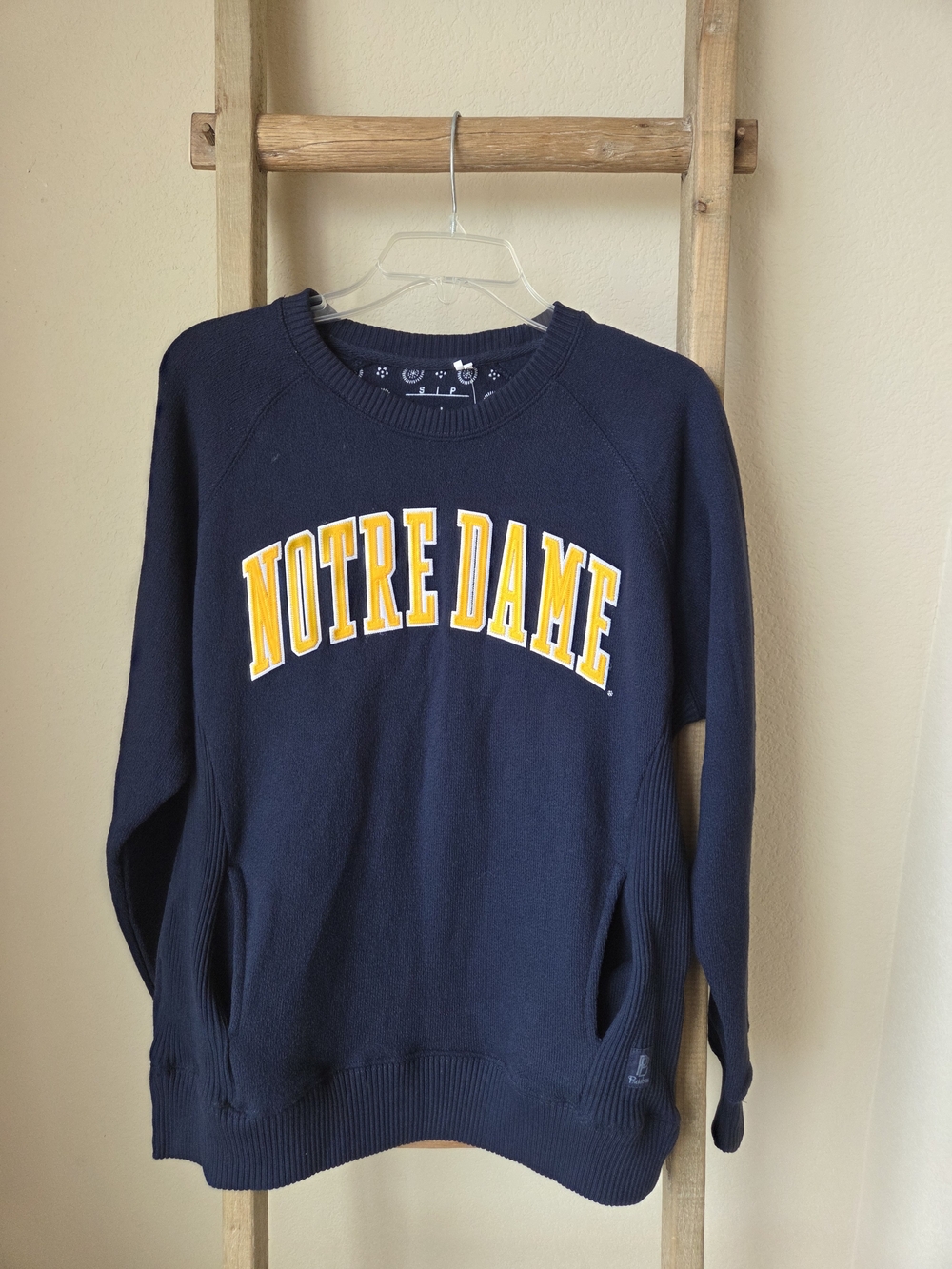 NCAA Notre Dame Pressbox Navy Crewneck With Pockets, Small